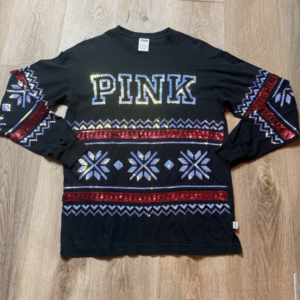 PINK Victoria's Secret Shirt‎ Womens Small Sequin Holiday Snowflake Long Sleeve
